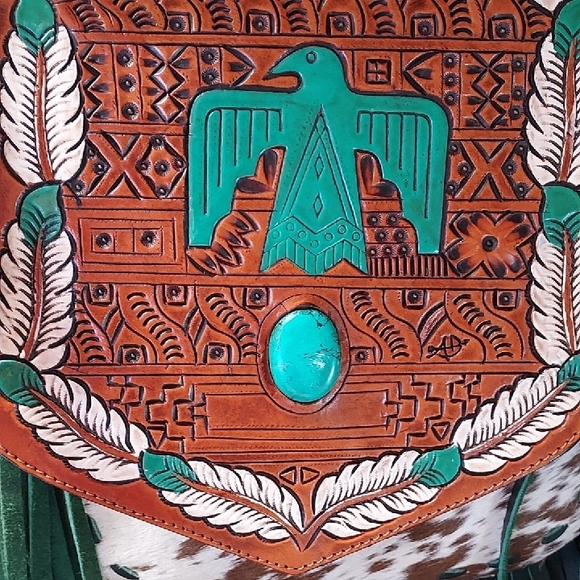 Hand Crafted Brown and Green Fringed Crossbody Bag - Picture 4 of 9